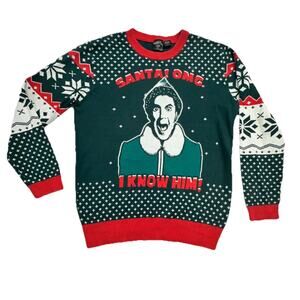 Ugly Christmas Sweater Mens Size Large Elf Movie Santa OMG I Know Him Green